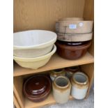 A SELECTION OF STONEWARE JARS, MIXING BOWLS ETC.