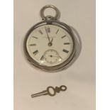 A HALLMARKED CHESTER SILVER FUSEE POCKET WATCH WITH KEY WITH A WALTHAM MOVEMENT. MAKER FATTORINI AND