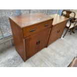 A RETRO TEAK HI-FI CABINET AND TWO DOOR SIDE CABINET, WITH FRIEZE DRAWER