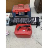 A PETROL CAN, AN EASY RACK AND A SIT AND STAND TOOL BOX