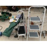 A THREE RUNG STEP LADDER, A KITCHEN STEP STOOL AND TWO TROLLEYS