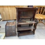 AN ART NOUVEAU PURDONIUM, CORNER CUPBOARD AND AN OAK THREE TIER WALL SHELF