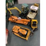 AN ASSORTMENT OF FIVE DIECAST CONSTRUCTION VEHICLES BY JOAL AND CONRAD TO INCLUDE A YALE STACKER