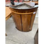 A GEORGE III OAK AND CROSSBANDED BOWFRONT CORNER CUPBOARD WITH H BRASS HINGE, 30" WIDE