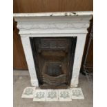 A VINTAGE COMPLETE VICTORIAN CAST IRON FIREPLACE WITH SURROUND AND ORIGINAL TILES, WIDTH 60CM,