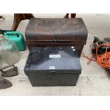 A DOCUMENT TIN AND A VINTAGE TIN TRUNK