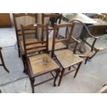 TWO PAIRS OF EDWARDIAN BEDROOM CHAIRS AND A CANE SEATED ELBOW CHAIR A/F