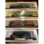 AN ASSORTMENT OF MODEL TRAINS ON WOODEN PLINTHS TO INCLUDE A BATTLE OF BRITAIN CLASS