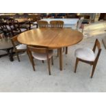 A G-PLAN STYLE TEAK EXTENDING DINING TABLE, 60x44.5" EXTENDED TOGETHER WITH FOUR CHAIRS