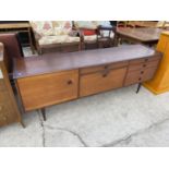 A RETRO TEAK SIDEBOARD BY HOPEWELLS OF NOTTINGHAM, ENCLOSING CUPBOARD, FIVE DRAWERS AND DROP DOWN