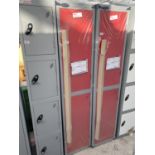 AN AS NEW RED AND GREY DOUBLE LOCKER WITH HASP AND STAPLE LOCK