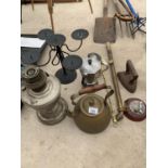 A COLLECTION OF VINTAGE ITEMS TO INCLUDE BRASS PUMP, FLAT IRON, KETTLE, CANDLE STAND ETC.
