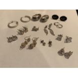 TWELVE PAIRS OF SILVER EARRINGS TO INCLUDE DROPS, STUDS, RINGS ETC