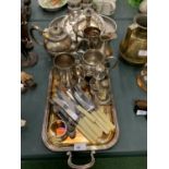 AN ASSORTMENT OF SILVER PLATED ITEMS TO INCLUDE TRAYS, FLATWARE ETC