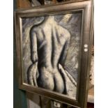 A FRAMED OIL ON CANVAS BLACK AND WHITE NUDE