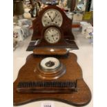 TWO VINTAGE WOODEN MANTEL CLOCKS AND A WOODEN BAROMETER WITH CLOTHES BRUSHES