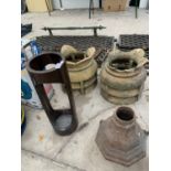 FOUR VINTAGE ITEMS TO INCLUDE CHIMNEY COWLS AND CAST IRON DRAIN HOPPER