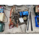 A VINTAGE BRASS PRIMUS STOVE, BATTERY CHARGER, AND VARIOUS TOOLS