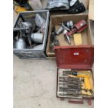 TWO BOXES CONTAINING VARIOUS SPRAY GUNS AND DRILL