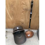 A BRASS BED PAN WARMER AND A LARGE COPPER COAL SKUTTLE