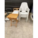 A SMALL FOLDING PINE TABLE BEECH TEA TROLLEY AND FOUR PLASTIC GARDEN CHAIRS