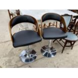 A PAIR OF EAMES STYLE BENTWOOD IGH ADJUSTABLE KITCHEN BAR STOOLS