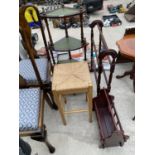 FOUR ITEMS * A WOVEN TOP STOOL, A MAHOGANY WHATNOT, A MAGAZINE RACK AND A TOWEL RAIL