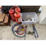 VARIOUS GAS GAUGES AND TUBES, BOLT CUTTERS, FIRE EXTINGUISHERS, DRILL ETC