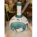 A LARGE BULBOUS DECORATED TURQUOISE AND GREY VASE WITH A CORK STOPPER WITH A HORSE DESIGN