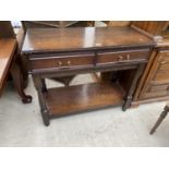 A REPRODUCTION OAK SIDE TABLE WITH TWO DRAWERS AND POT BOARD, 37" WIDE