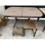 AN EXTENDING DINING TABLE, AN OAK OCCASIONAL TABLE AND A MAHOGANY FOOTSTOOL