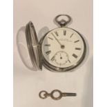 A HALLMARKED LONDON SILVER FUSEE POCKET WATCH WITH KEY. MAKER J H JONES, KINGSTON ON THAMES. NO HOUR
