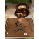 A NAUTICAL LIFE BUOY FRAME, A WOODEN PLAQUE AND A RHODESIAN COPPER TRAY WITH HANDLES