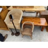 TWO WICKER CONSERVATORY CHAIRS AND A PINE COFFEE TABLE ETC