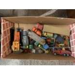 A BOX OF DIE CAST TOYS TO INCLUDE AN ARTICULATED LORRY, CHIPPERFIELDS CIRCUS ETC