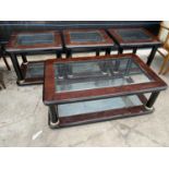 A MODERN BURR WALNUT VENEERED COFFEE TABLE WITH GLASS TOP AND MIRRORED BOTTOM SHELFAND THREE