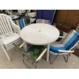 A PLASTIC GARDEN TABLE AND TWO SETS OF FOUR CHAIRS
