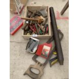 A QUANTITY OF TOOLS AND HARDWARE TO INCLUDE HINGES, SAWS, FILES, NUTS AND BOLTS