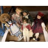 FIVE PORCELAIN HEADED DOLLS TO INCLUDE A SPECIAL COLLECTORS EDITION JACK AND JILL