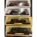 A COLLECTION OF FOUR WOODEN TRAINS ON WOODEN PLINTHS TO INCLUDE AN LMS ROYAL SCOT