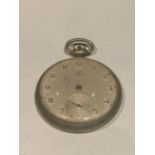 AN OMEGA WHITE METAL POCKET WATCH - NO MINUTE OR HOUR HANDS