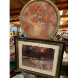 A CIRCULAR FRAMED FLOWER PRINT AND A FRAMED PRINT OF 'THE SHORTENING WINTER'S DAY'