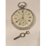 A HALLMARKED CHESTER SILVER FUSEE POCKET WATCH WITH KEY. THE NEW ENGLISH VECTOR LEVER, MAKER JONES