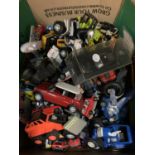 A LARGE BOX OF ASSORTED MODEL VEHICLES TO INCLUDE CARS AND TRACTORS ETC.