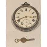 A 925 SILVER FUSEE POCKET WATCH WITH KEY. LENS CRACKED