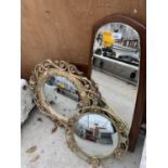 TWO MAHOGANY WALL MIRRORS, ONE WROUGHT IRON ORNATE MIRROR AND FURTHER WALL MIRROR