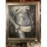 A SILVER FRAMED BLACK AND WHITE OIL ON CANVAS OF A SEMI NUDE