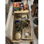 A BOX OF COSTUME JEWELLERY AND BOX OF POOL BALLS