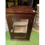 A VINTAGE WOODEN COUNTER TOP SHELVING DISPLAY CUPBOARD