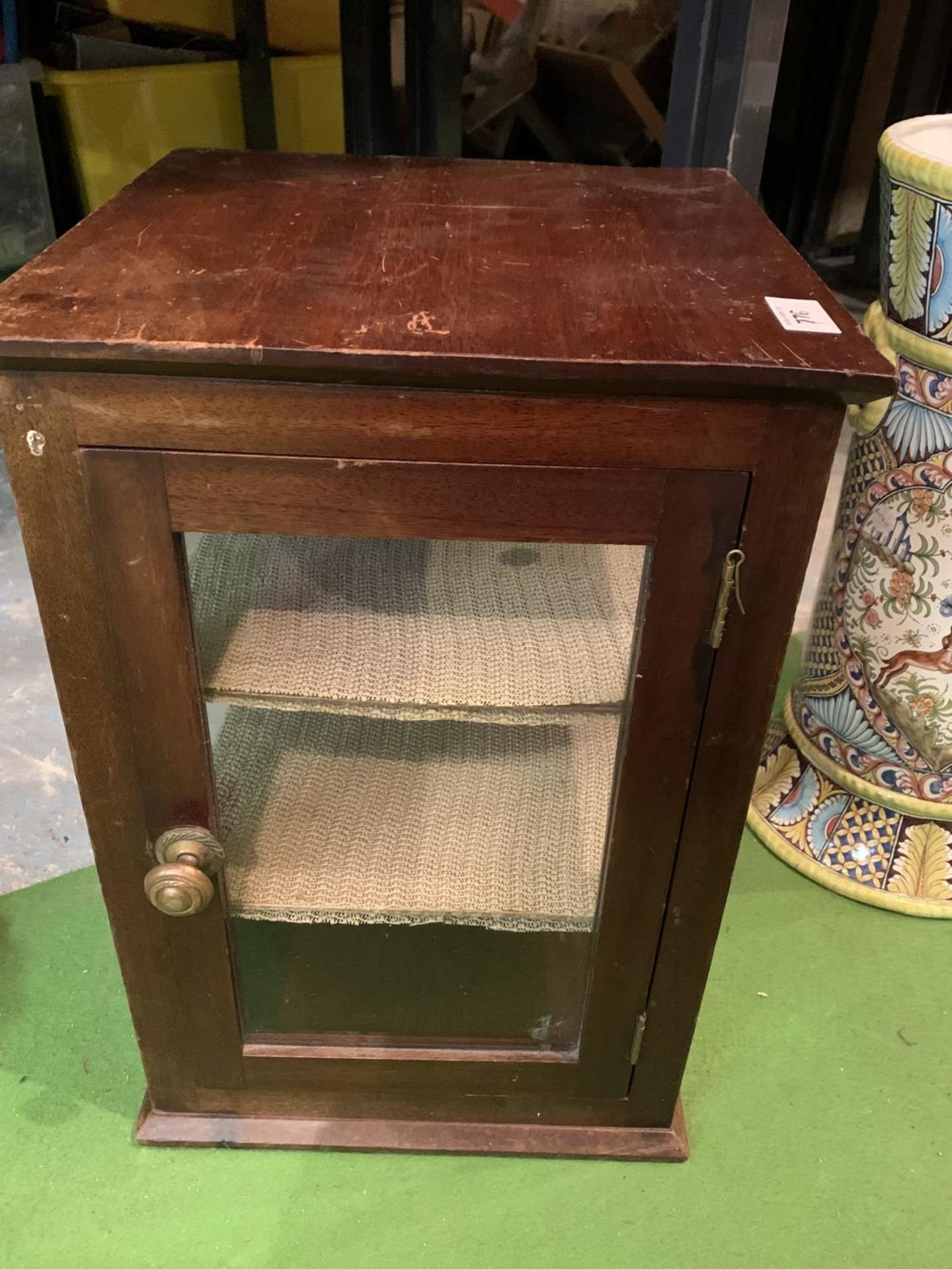 A VINTAGE WOODEN COUNTER TOP SHELVING DISPLAY CUPBOARD